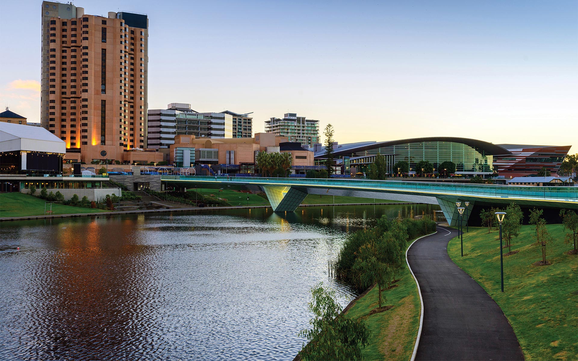 Central Adelaide overlooking River Torrens Footbridge and Convention Centre