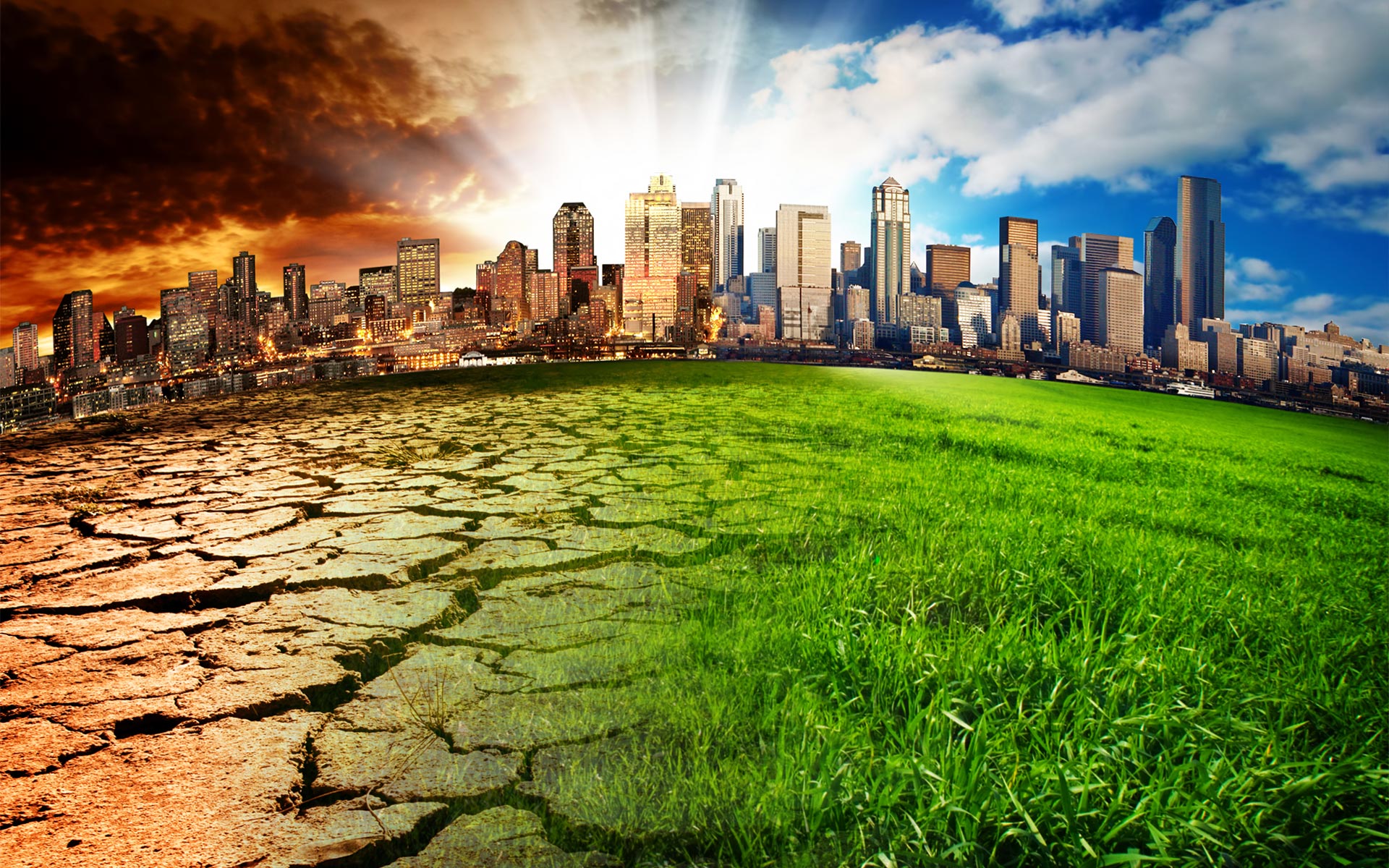 Dry ground and lush grass on an urban background