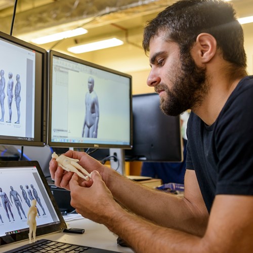 Man studying 3D models of people