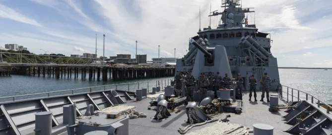HMAS Parramatta departs Fort Hill Wharf in Darwin, Northern Territory, to begin a deployment throughout Southeast Asia.
