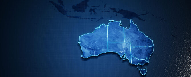 Abstract geometric futuristic concept 3d Map of Australia with borders as blue neon style. 3d rendering