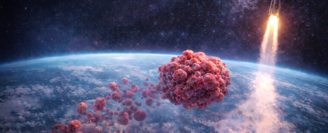 A cluster of pink cancer cells floats above Earth in outer space, trailing smaller cell fragments behind it. In the distance, a rocket ascends into space, leaving a bright plume of light against a star‑filled sky.