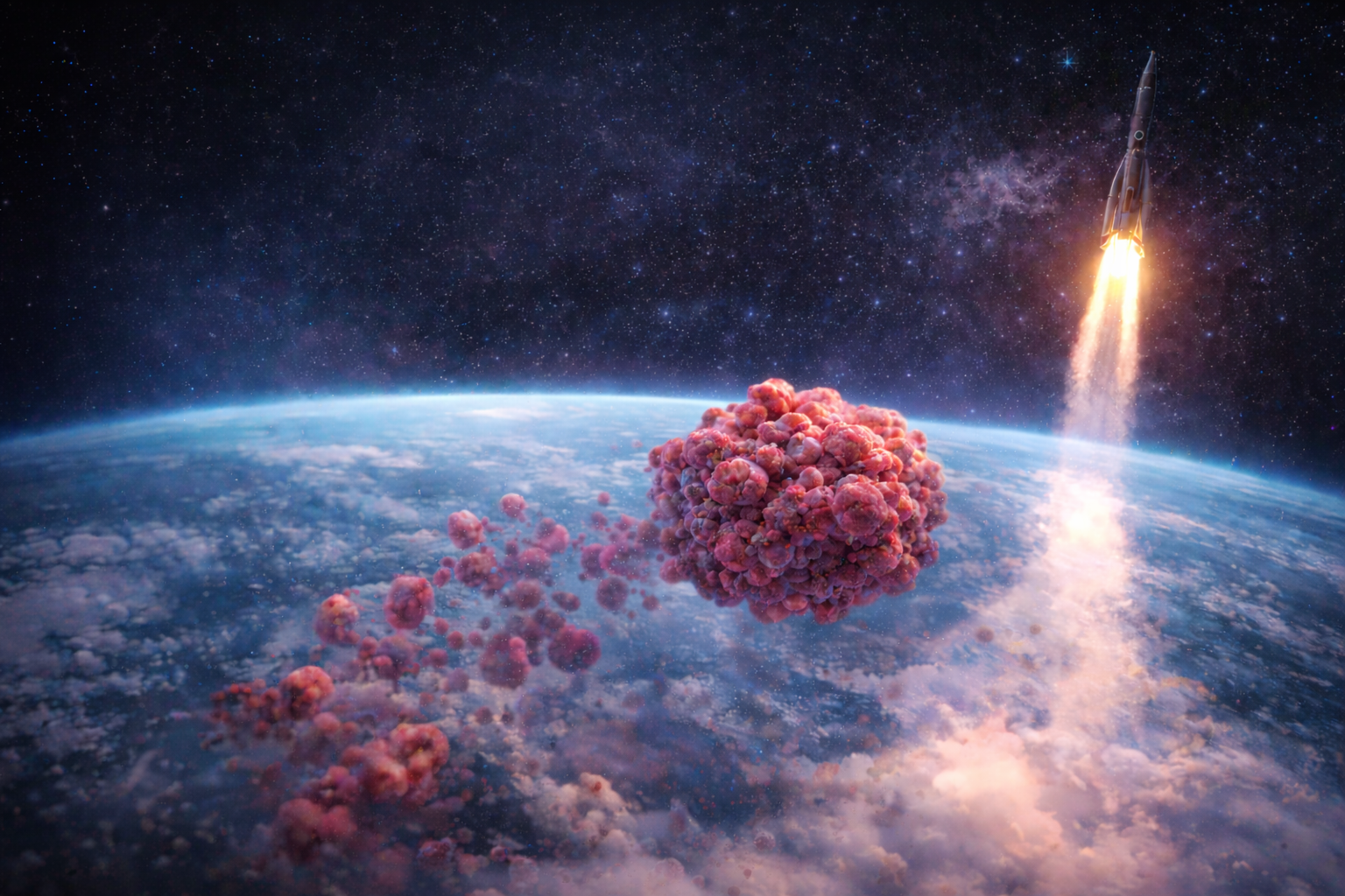 A cluster of pink cancer cells floats above Earth in outer space, trailing smaller cell fragments behind it. In the distance, a rocket ascends into space, leaving a bright plume of light against a star‑filled sky.